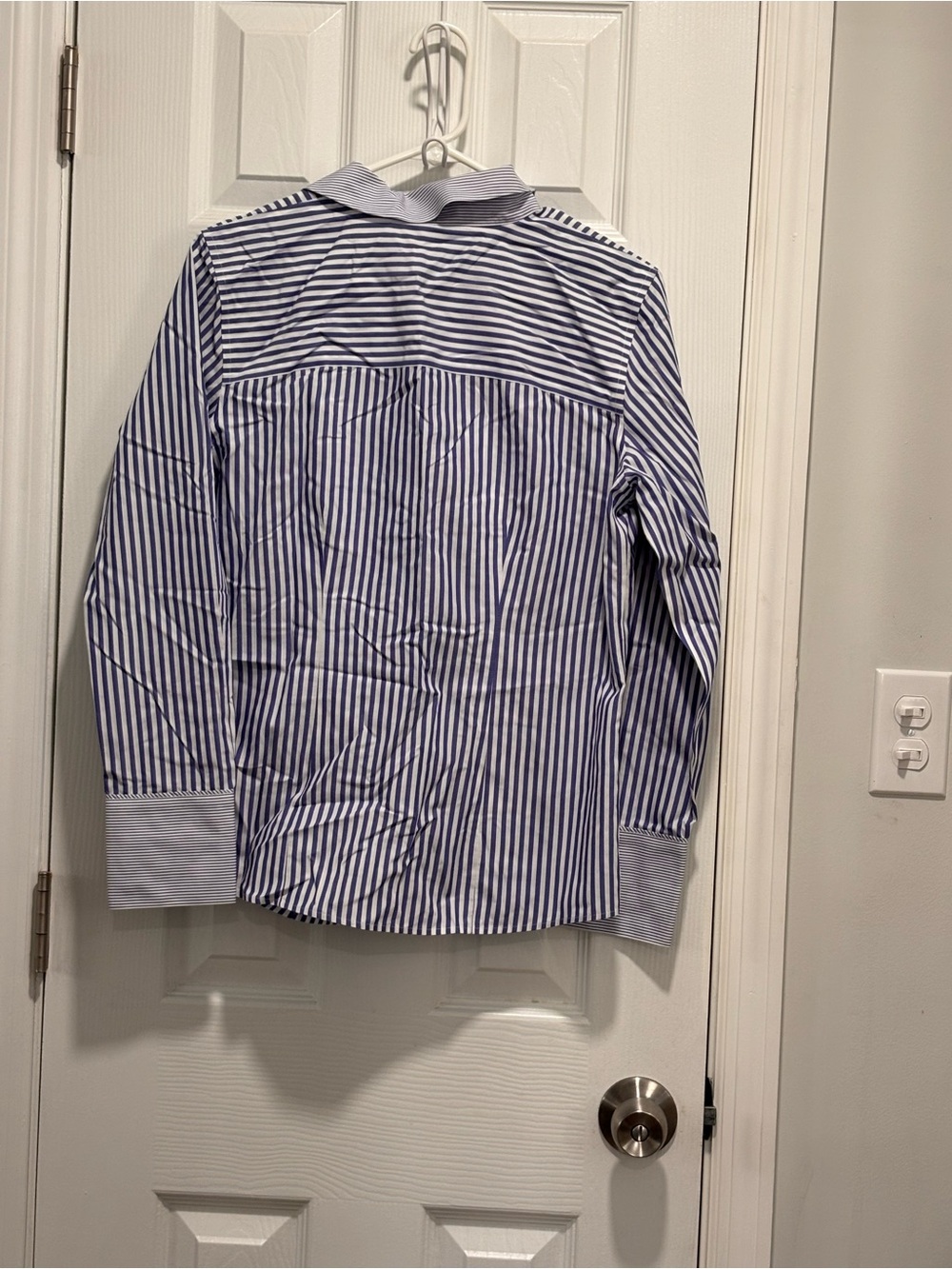 Chico's Navy and White Vertical Stripe Button-Down Shirt - Picture 2 of 10